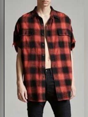 R13 Oversized Cutoff Buffalo Plaid Shirt Men Small Red Black Distressed Sleeves